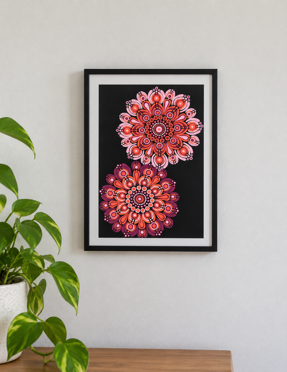 Hand Painted A4 Mandala Artwork – Pink, Coral Boho Wall Art