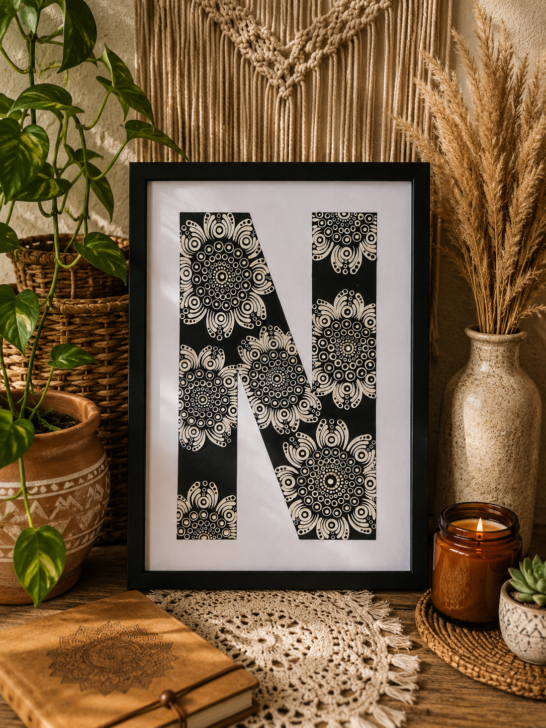 A4 Mandala Initial Letter - N (Black and White)  - One Of A Kind Artwork