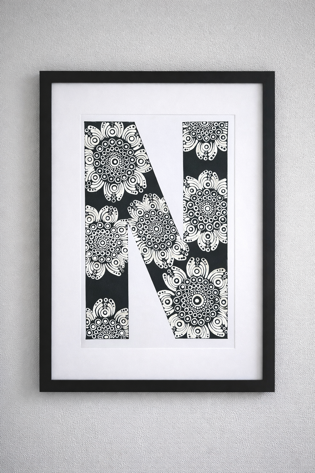 A4 Mandala Initial Letter - N (Black and White)