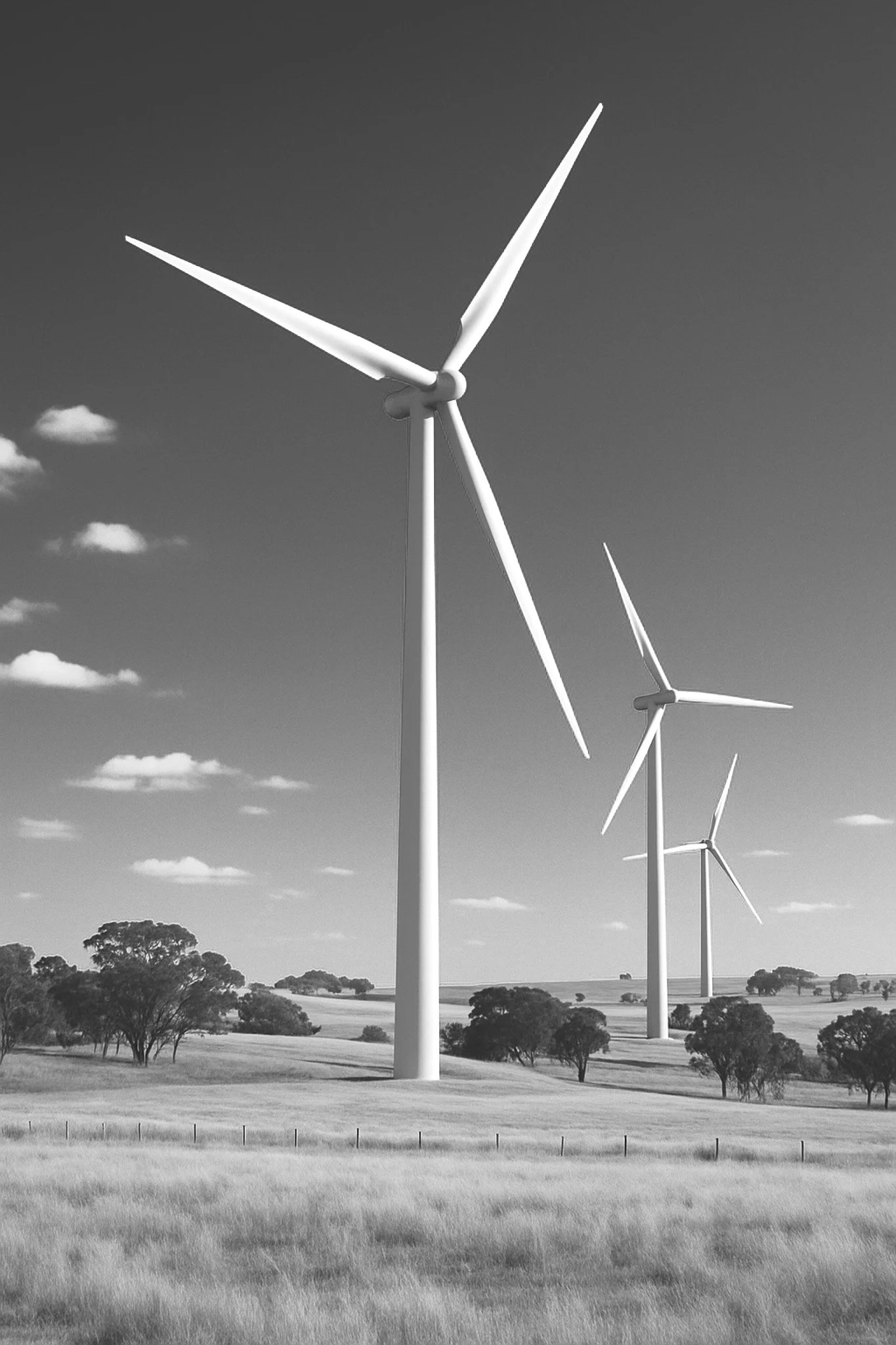 Black and white photo of three wind turbines on a grassy landscape with scattered trees and a partly cloudy sky.
