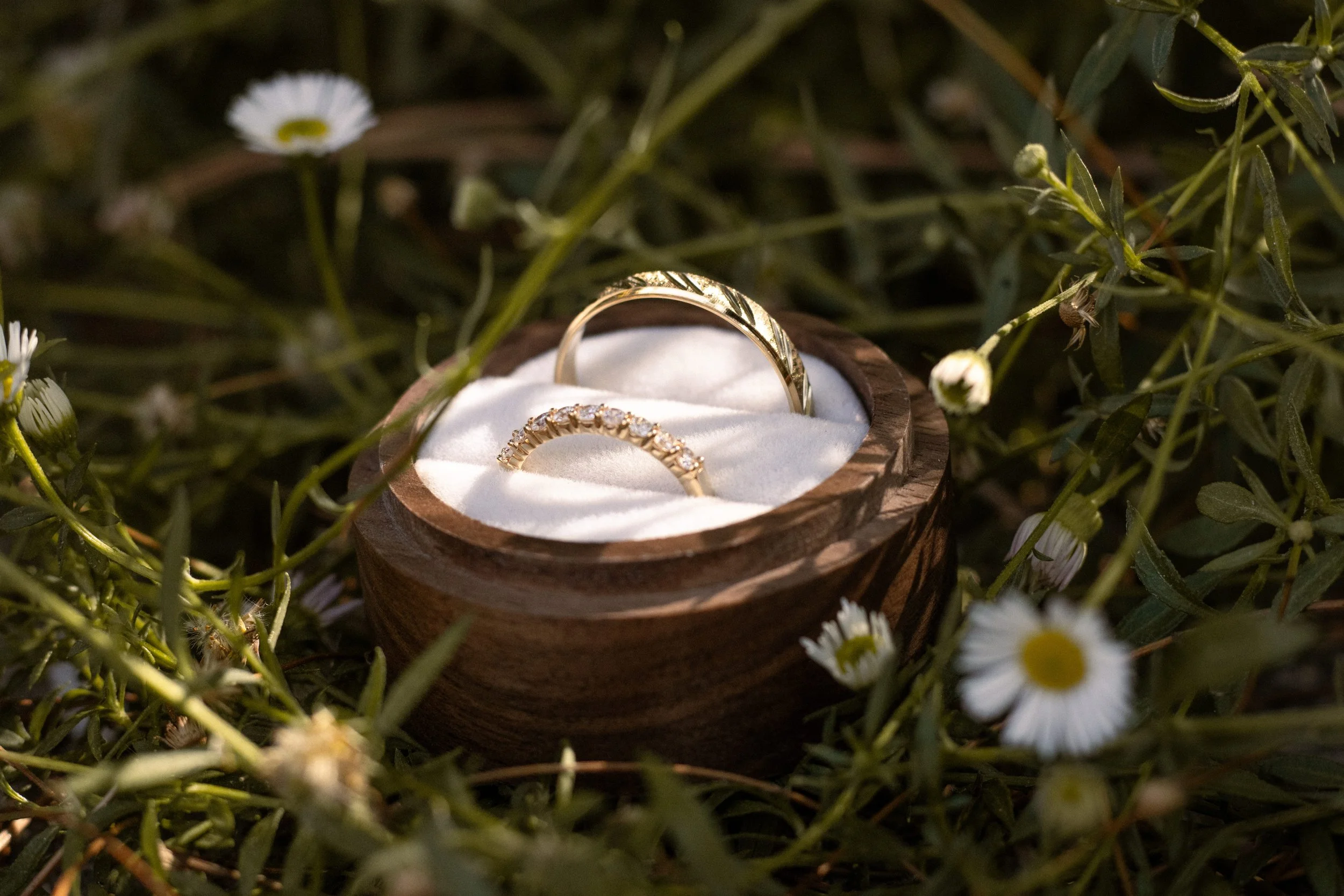 Deux bagues en or, une avec des diamants, dans un coffret en bois recouvert de tissu blanc, entourées de petites fleurs blanches dans l'herbe.