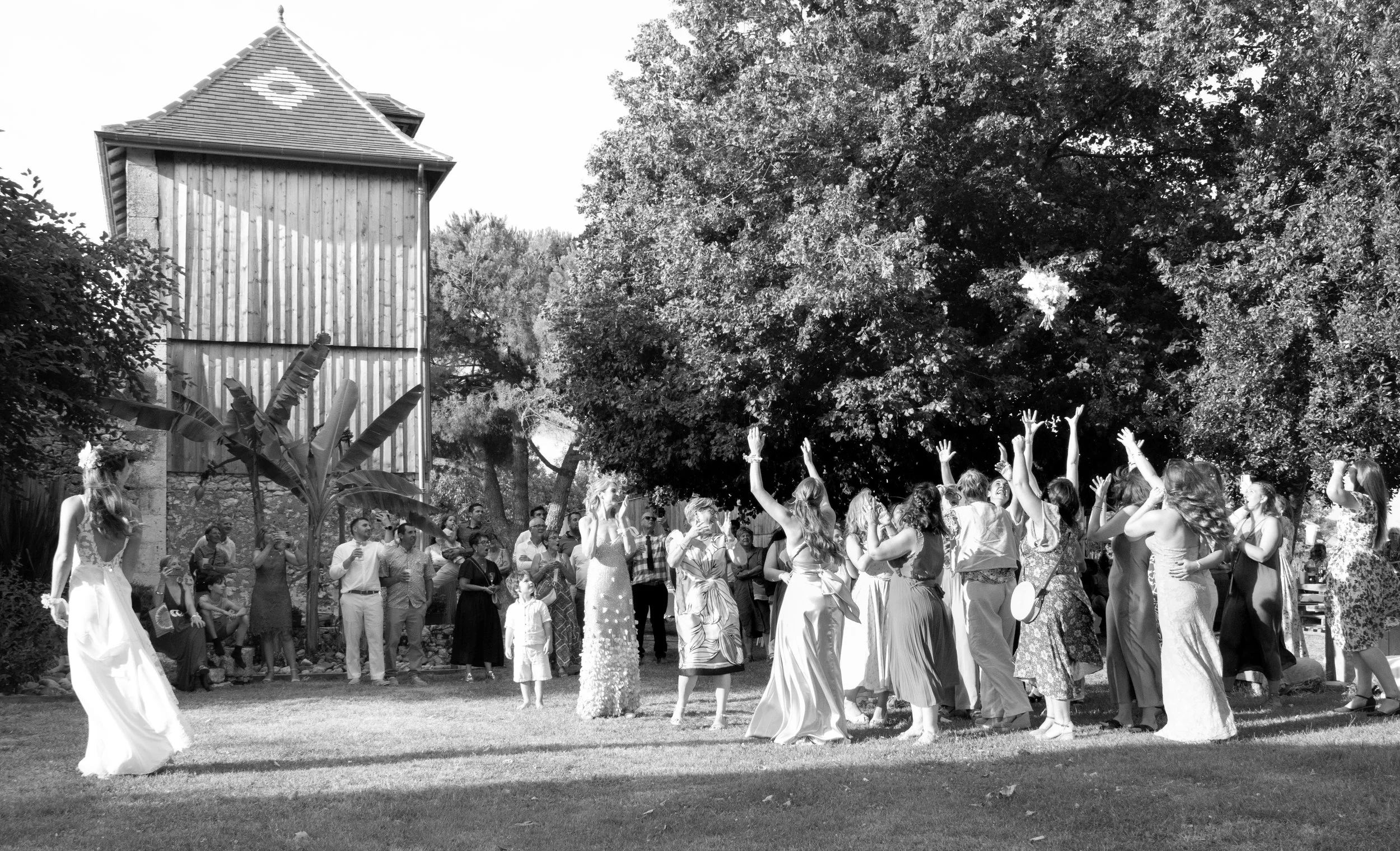 Groupe de personnes dansant et célébrant dans un jardin, avec une grande arbre en arrière-plan, lors d'une fête ou d'un mariage.