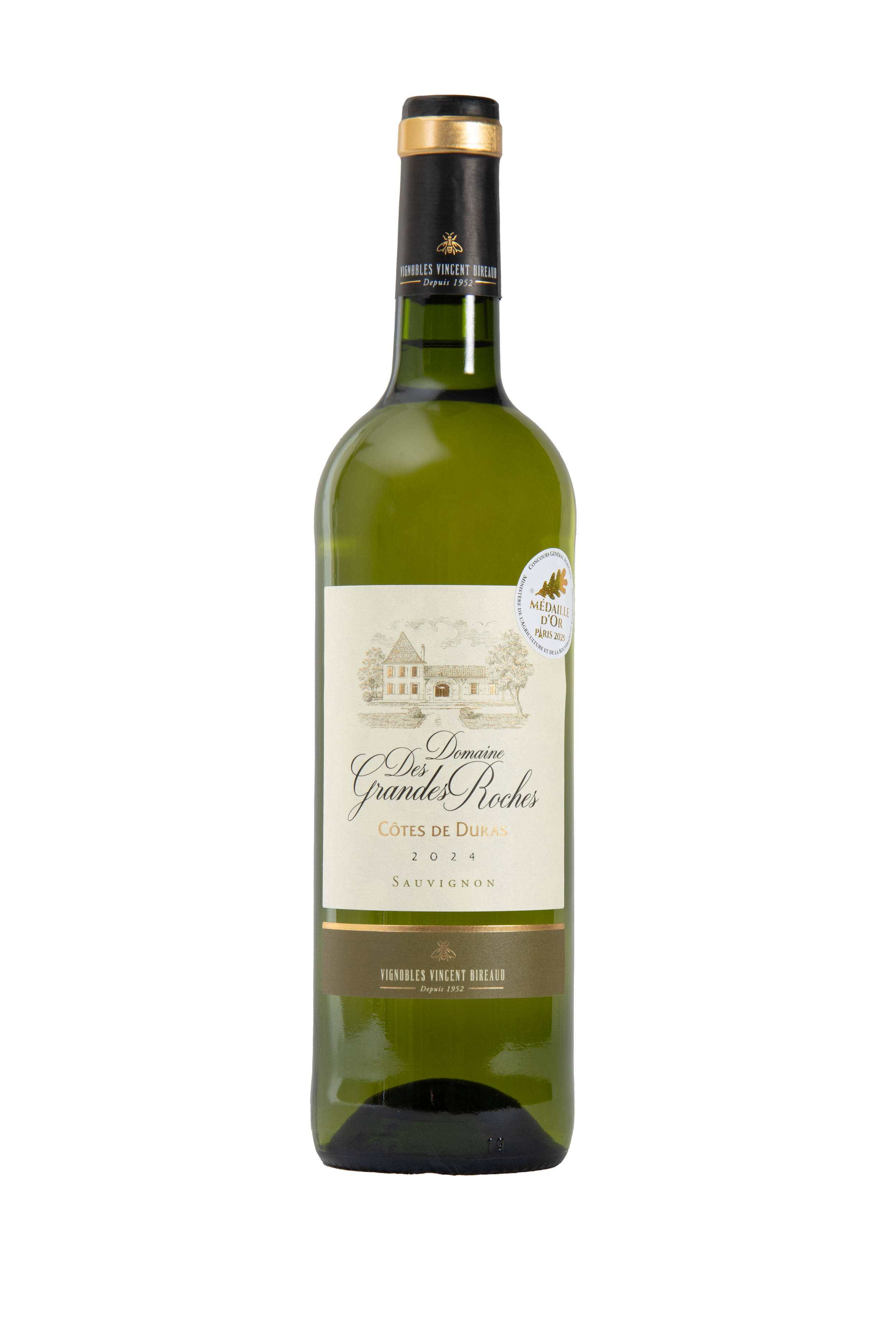 Une bouteille de vin blanc Domaine Des Grandes Roches, Côtes de Duras 2024, avec une étiquette détaillée que l'on peut lire. La bouteille est vert foncé avec un bouchon noir et doré.