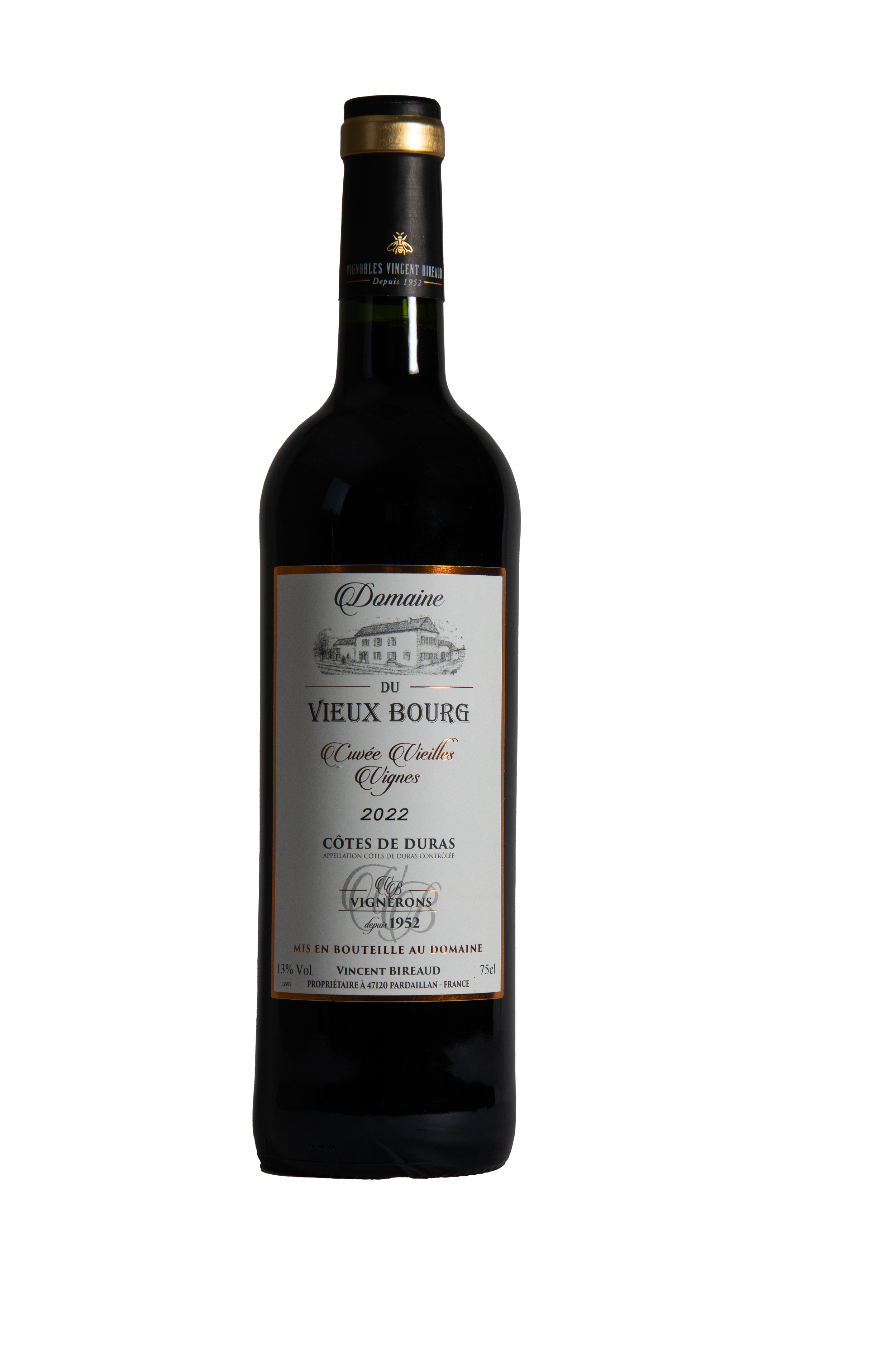 Bouteille de vin rouge de la domaine du Vieux Bourg, Côte de Duras, année 2022, label blanc avec dessin d'une maison et texte en français.