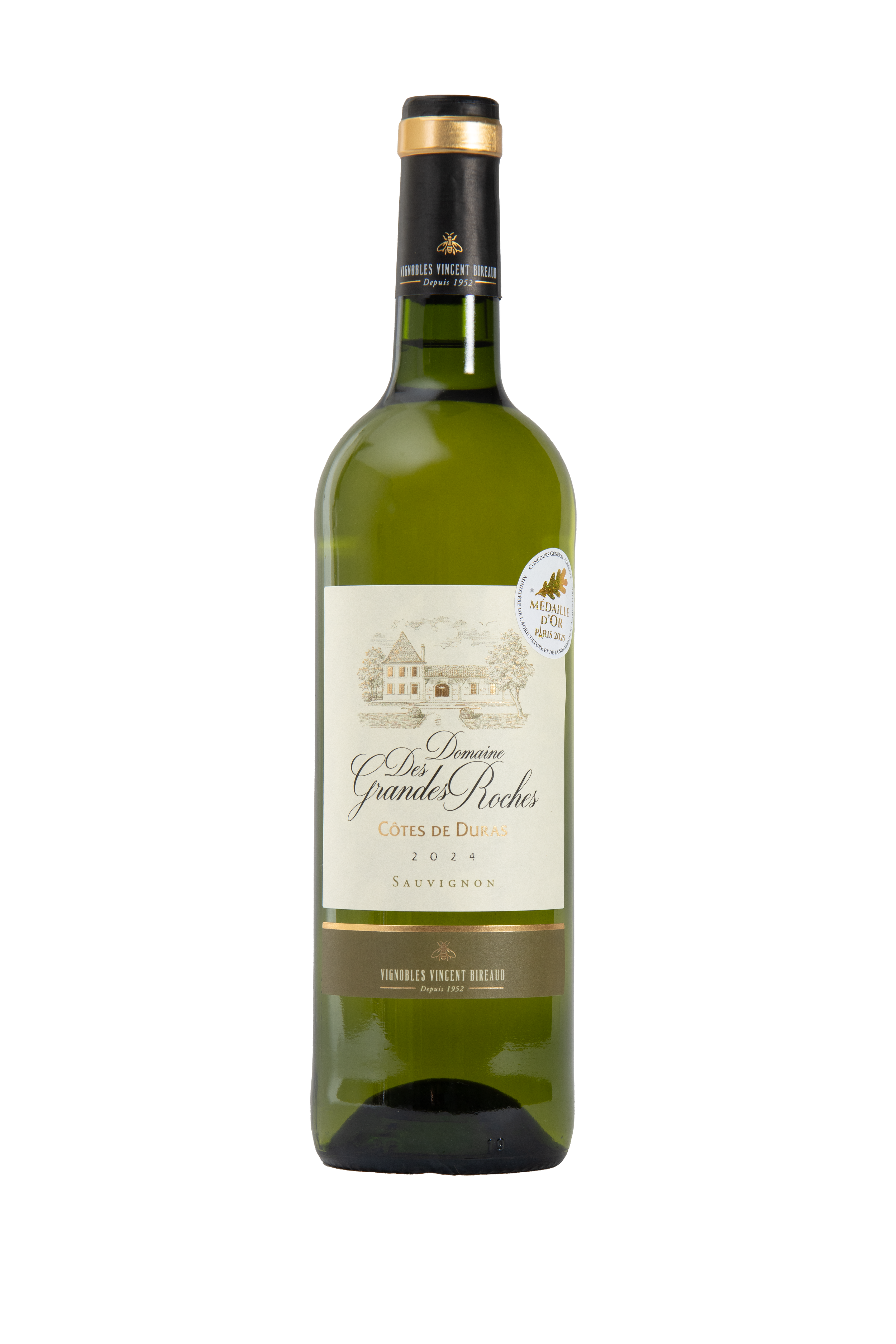 Bouteille de vin blanc Domaine des Grandes Roches, Côtes de Duras, millésime 2024, Sauvignon, avec étiquette et étui noir et or, décorée d'une médaille d'or.