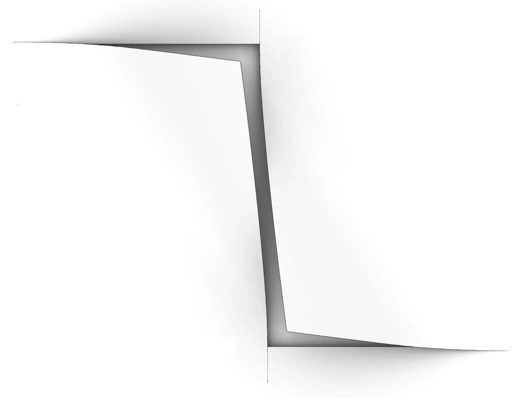 The image shows a modern abstract sculpture with a sleek metallic finish, consisting of angular, overlapping planes that appear to extend outward and downward, set against a clear sky background.