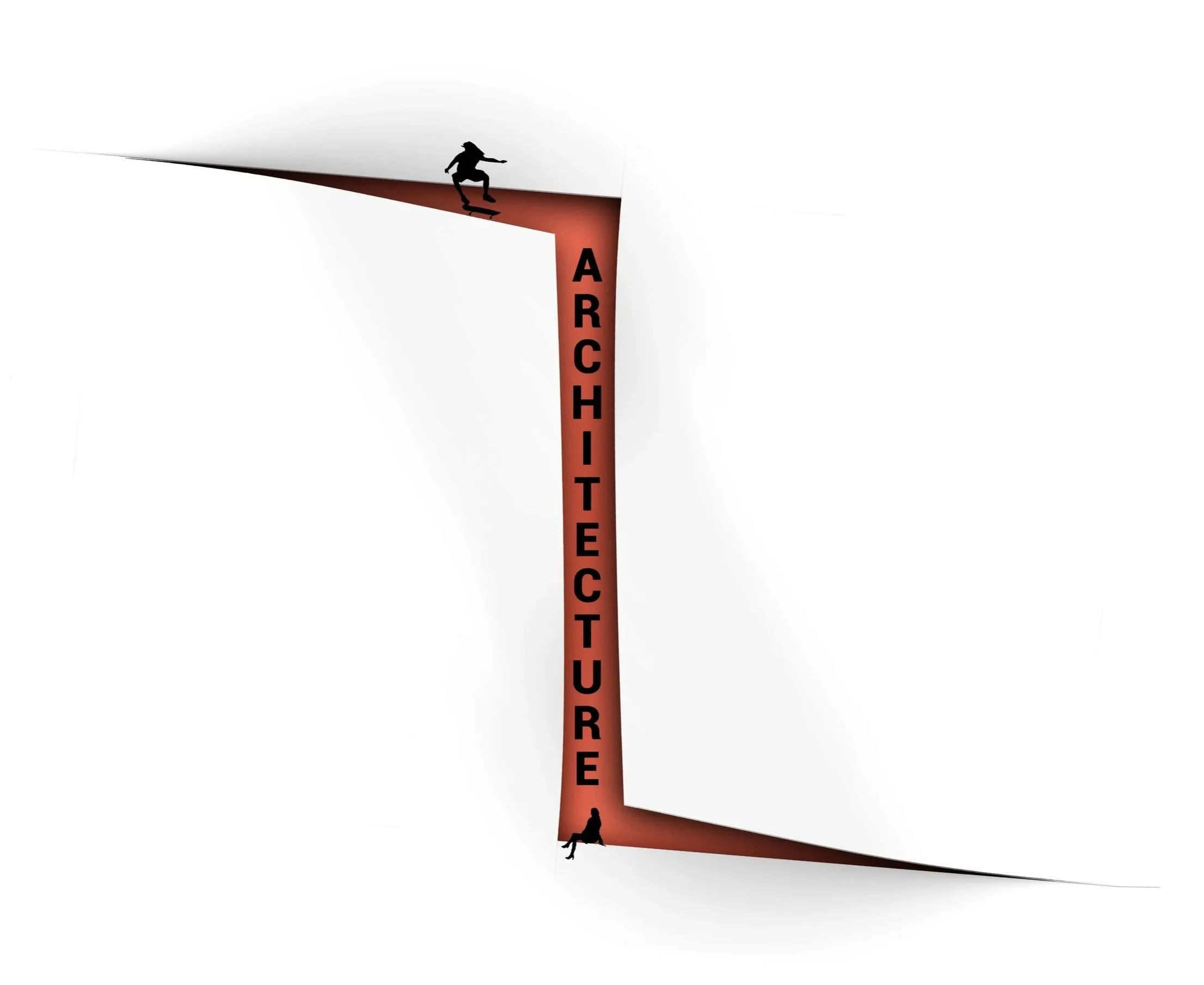 A silhouette of a skateboarder performing a trick on a narrow ledge with the words 'ARCHITECTURE' in black vertical text on a red background running vertically along the edge, with a person sitting at the bottom of the ledge.