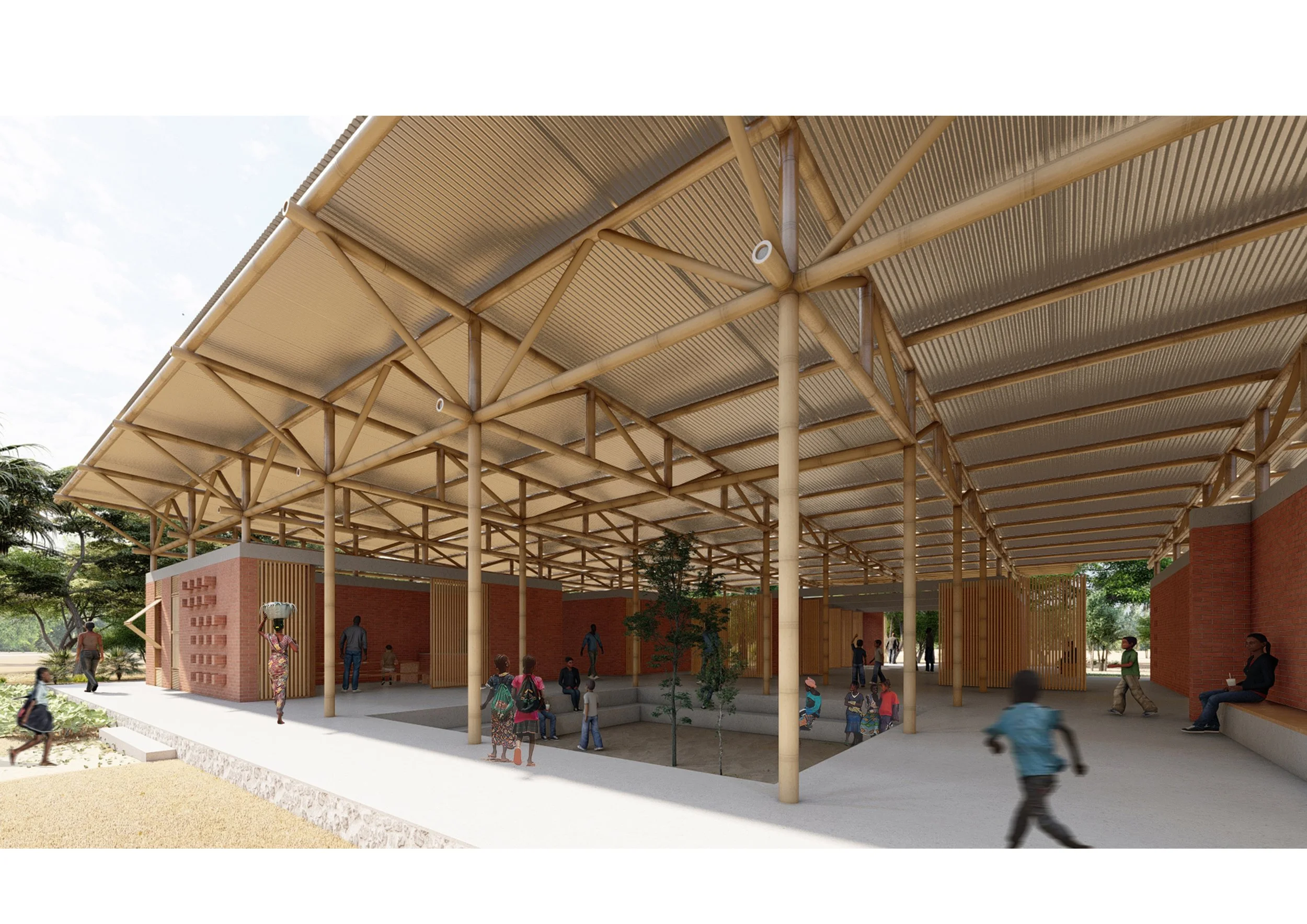 A modern outdoor pavilion with a bamboo and corrugated metal roof, supported by bamboo poles, overlooking a children's playground with kids playing, adults sitting, and trees in the background.