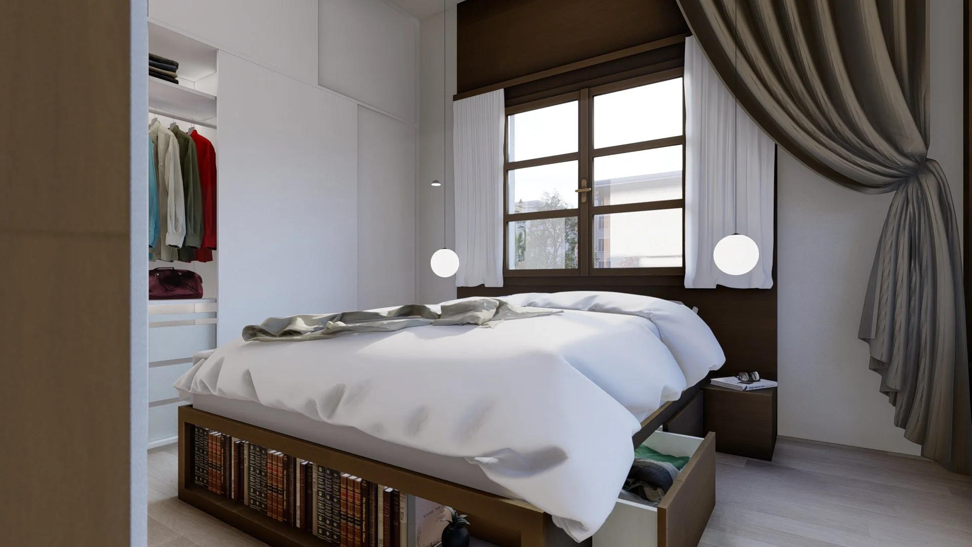 A modern bedroom with a large bed, white bedding, and built-in bookshelves at the foot of the bed filled with books. There are two spherical pendant lights hanging on either side of a large window with white curtains and a dark wood frame. An open closet with hanging clothes and a few folded items is visible on the left side.