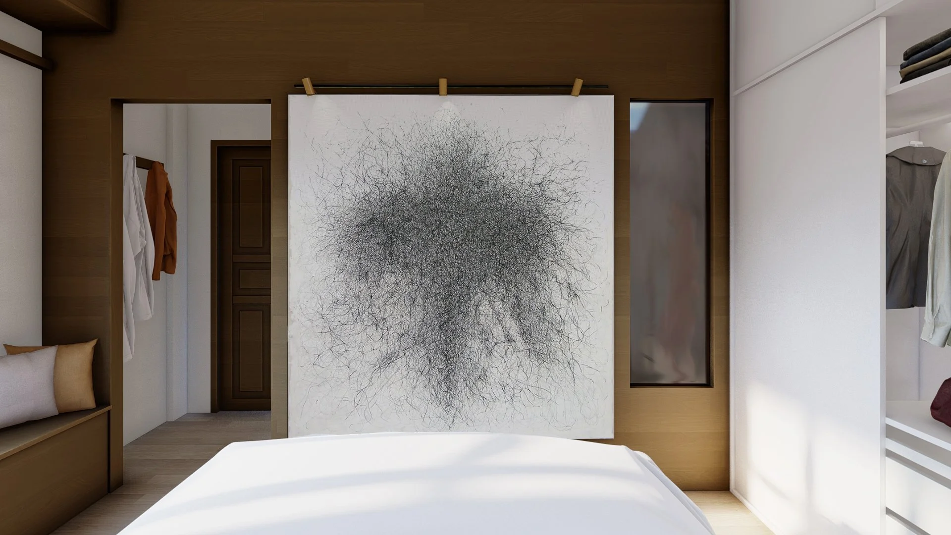 A modern bedroom with a large white bed, an abstract black doodle art on a canvas hanging on the wall, closet with clothes on the right, and a wooden door in the background.