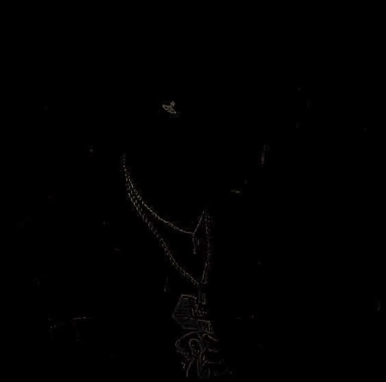 A person wearing a cap, multiple chains, and jewelry, with a tattooed arm, against a dark background.