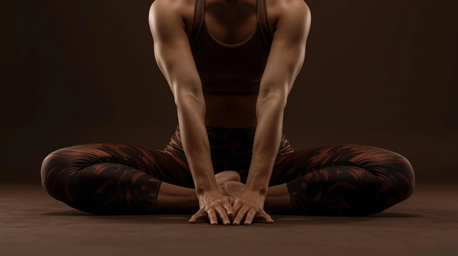 Athletic woman in gym clothes, doing yoga. Front view, close up of her legs. dark brown theme..jpg