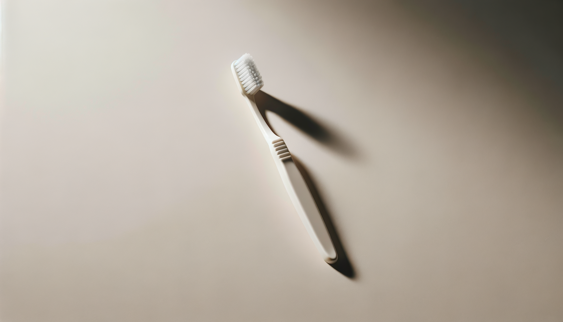 A white toothbrush with bristles, casting a shadow on a light-colored surface.