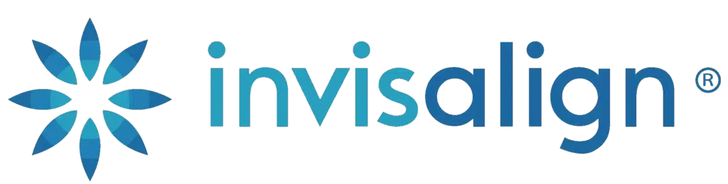 Invisalign logo with stylized starflower icon in shades of blue and gray text 'invisalign'