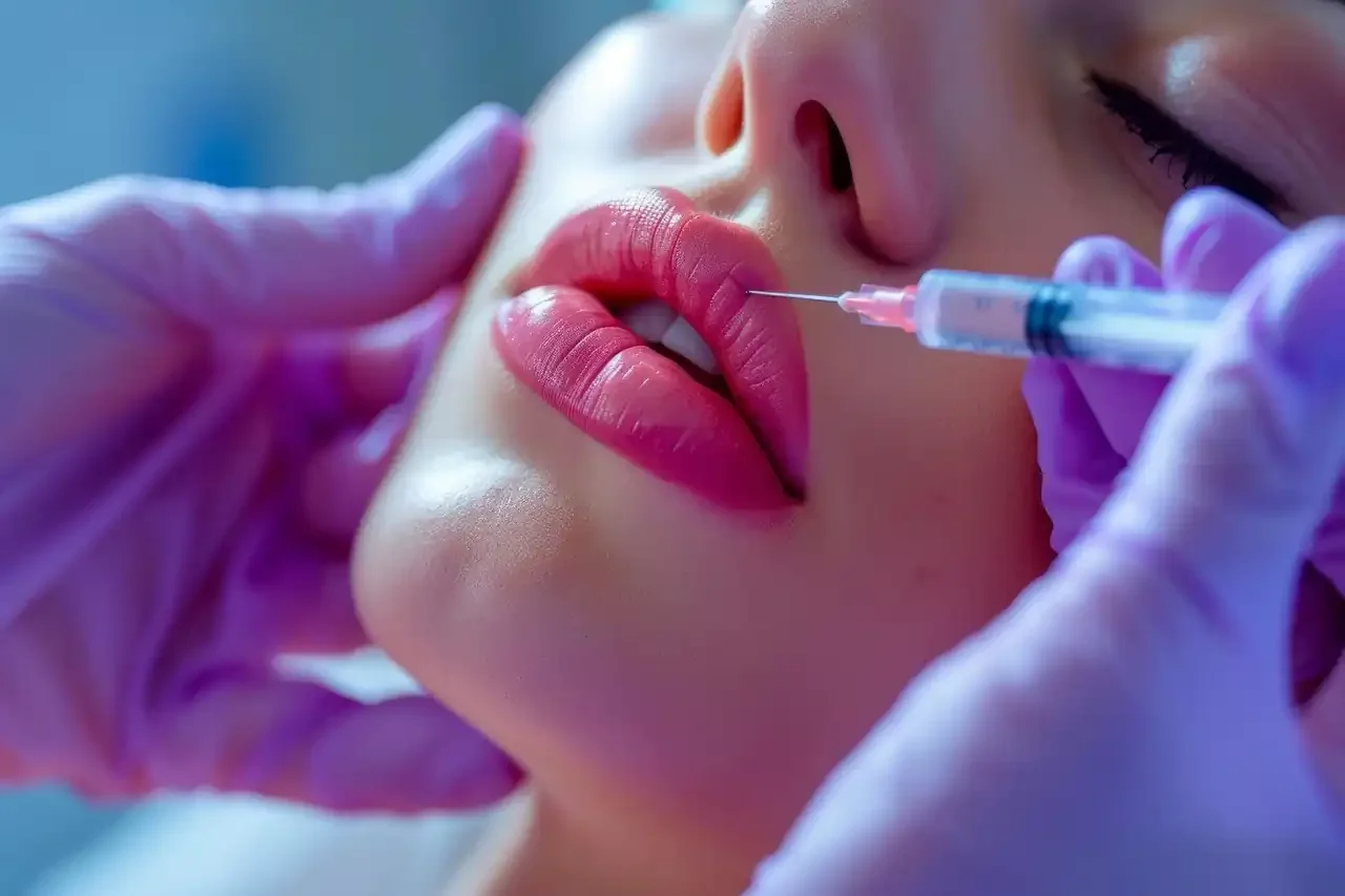 Close-up of a woman receiving a cosmetic lip injection, with a medical professional administering the injection with a syringe.