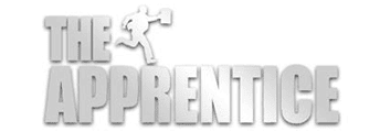 The logo for the TV show 'The Apprentice' in gray text with a silhouette of a person holding a briefcase.