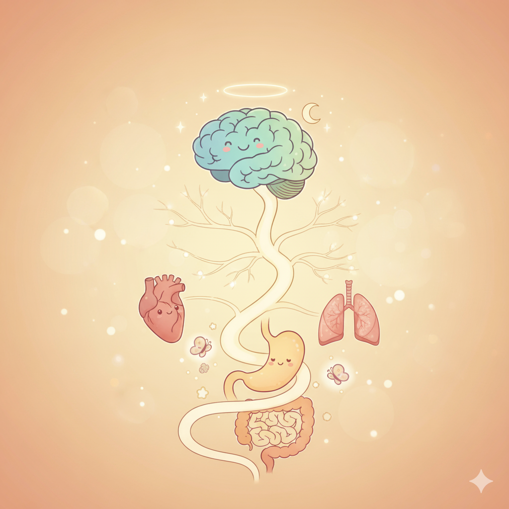 Illustration eines stilisierten menschlichen Verdauungs- und Nervensystems mit einem lachenden Gehirn, Herz, Lunge, Magen und Darm, alles verbunden mit einer Baumstruktur. Im Hintergrund leuchtende Lichter und ein Halo um das Gehirn, eine kleine Mondsichel, und zarte Küsse- und Schmetterlingssymbole.
