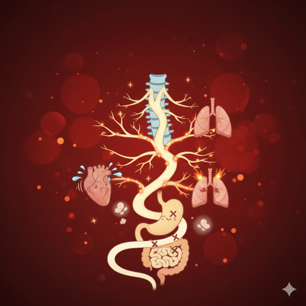 Illustration des Verdauungstrakts mit Magen, Darm, Herz, Lunge und Nervensystem auf rotem Hintergrund.