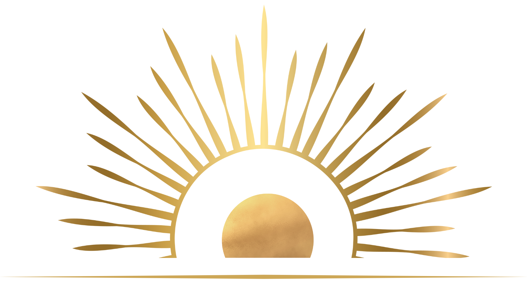 Illustration einer Sonnenaufgangsszene mit einer halb vergrabenen Sonnenkugel, strahlenförmigen goldenen Sonnenstrahlen und einem hellblauen Himmel im Hintergrund.