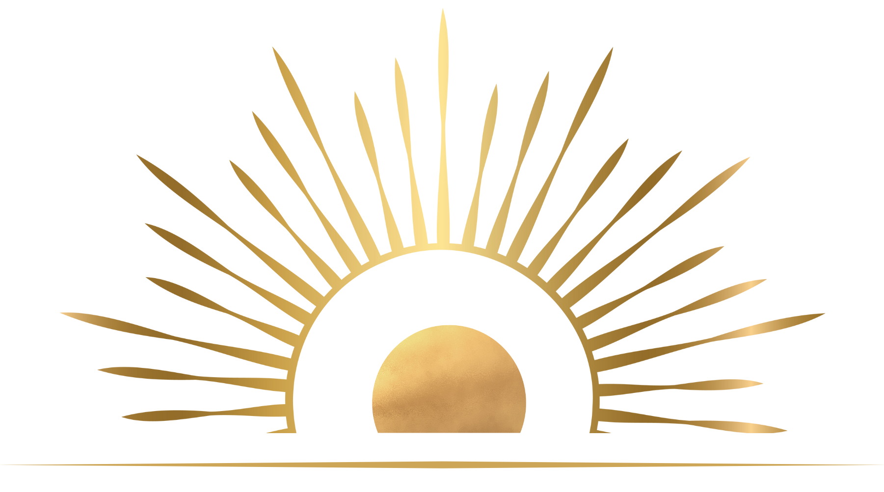 Illustration einer aufgehenden Sonne mit goldfarbenen Strahlen über einer sandfarbenen Landschaft.