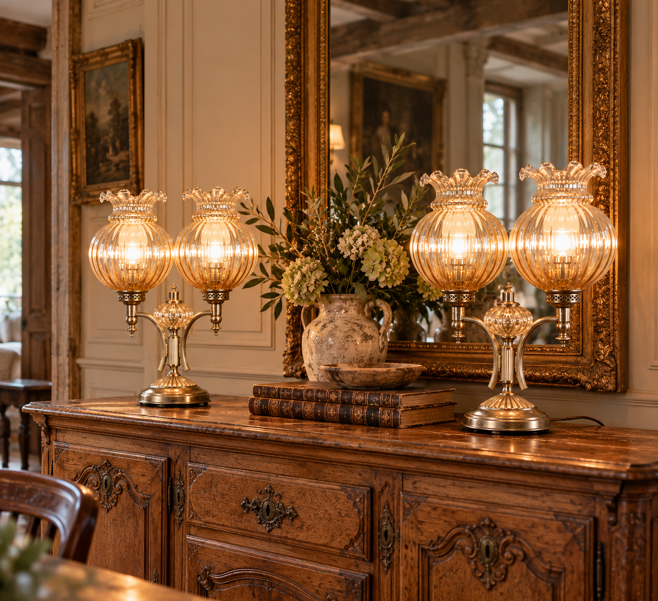 Buffet ancien aux lampes dorées.png