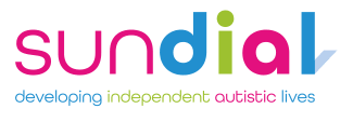 Logo for Sundiol, an organization committed to developing independent autistic lives, with colorful text and a tagline in smaller font.