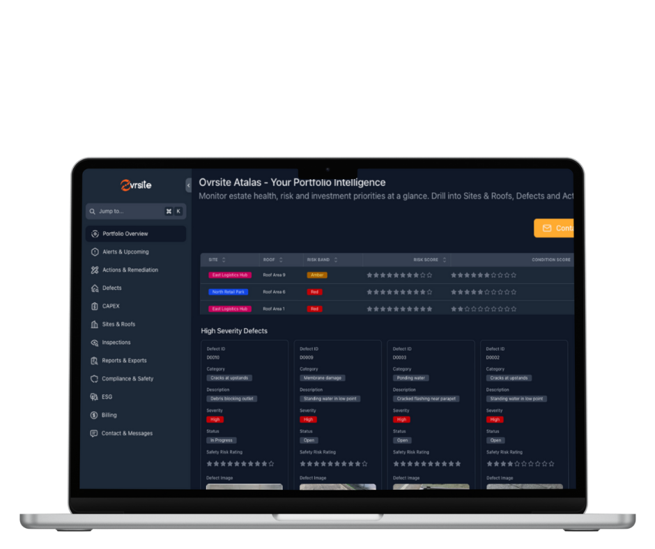 Ovrsite Atlas portal screen displaying a property management or safety monitoring software dashboard with sections for site overview, defects, inspections, reports, compliance, and safety.