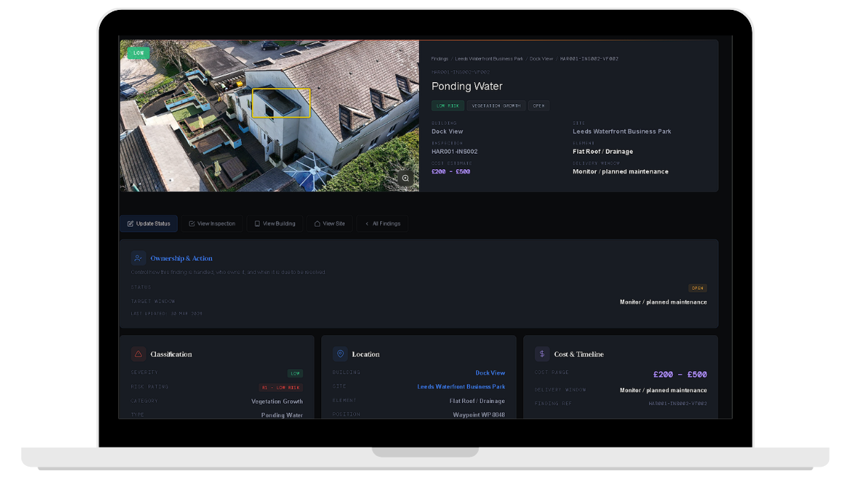 Atlas building intelligence view with prioritised actions and CAPEX exposure totals