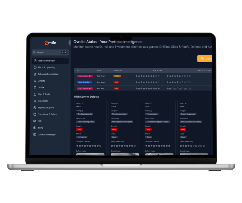 Laptop screen displaying a property management or safety monitoring dashboard titled 'Ovrsite Atlas - Your Portfolio Intelligence,' showing site statuses, risk assessments, and defect details for various sites and rooftops.