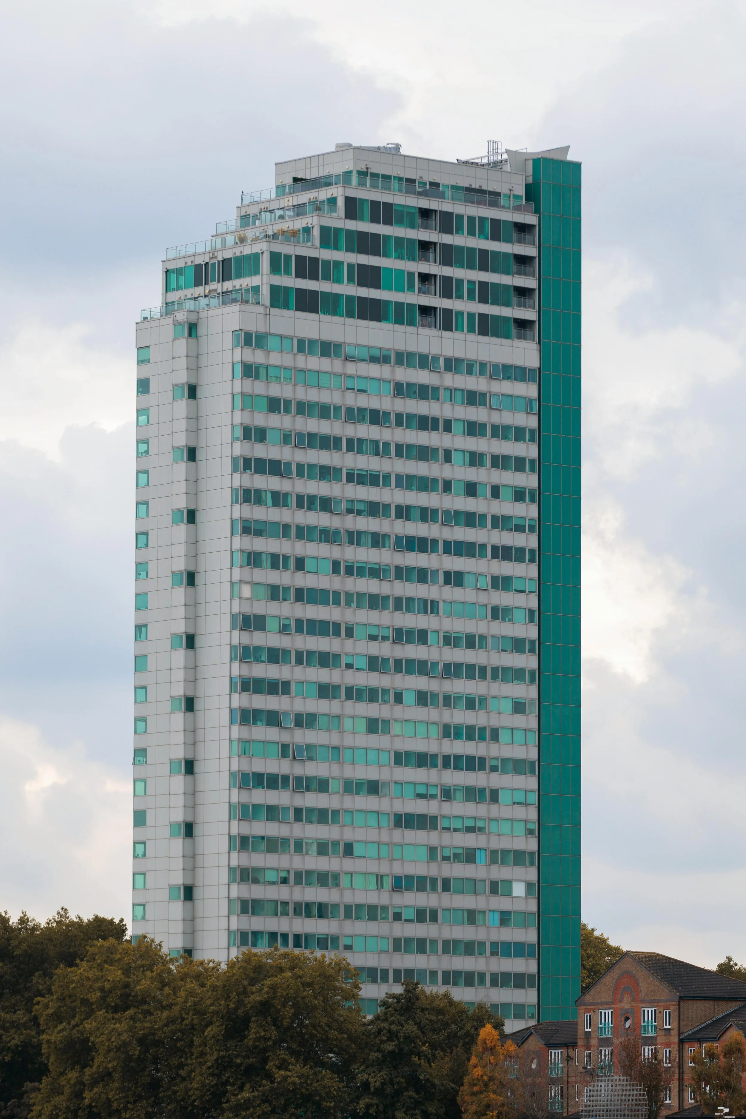 Radiometric thermal drone image of a building envelope showing heat signature patterns