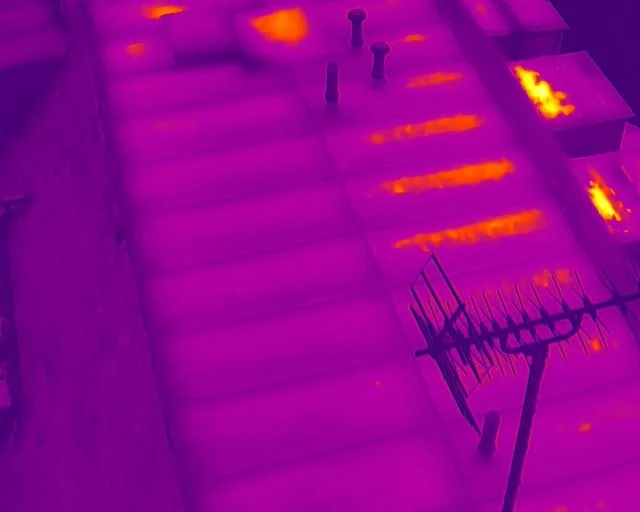 Radiometric thermal drone image detecting hidden moisture and insulation failure