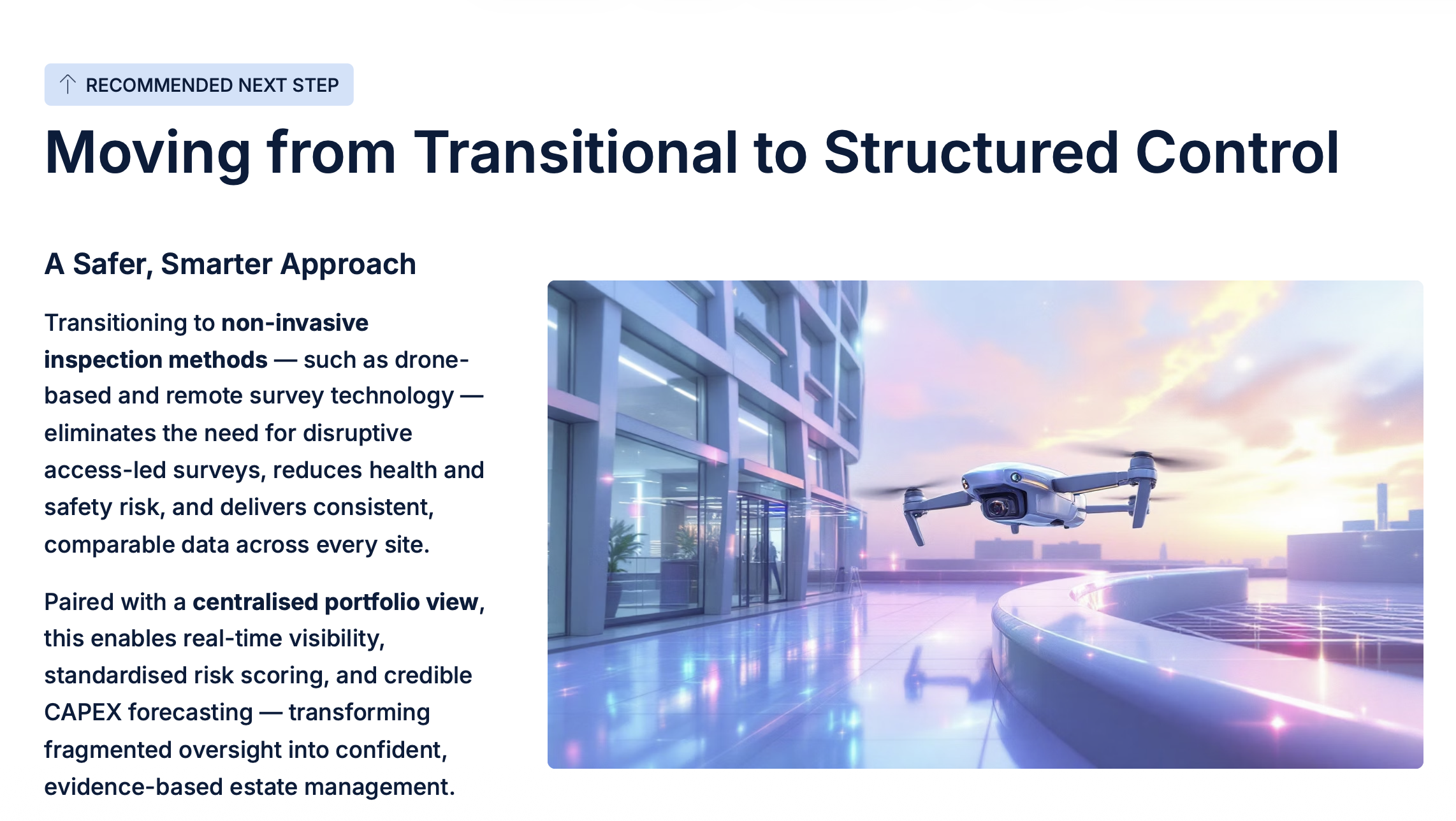 A page from an Ovrsite report offering advice on how to improve building maintenance strategies with a forward-thinking, preventative mindset, featuring an image of a modern building and text.