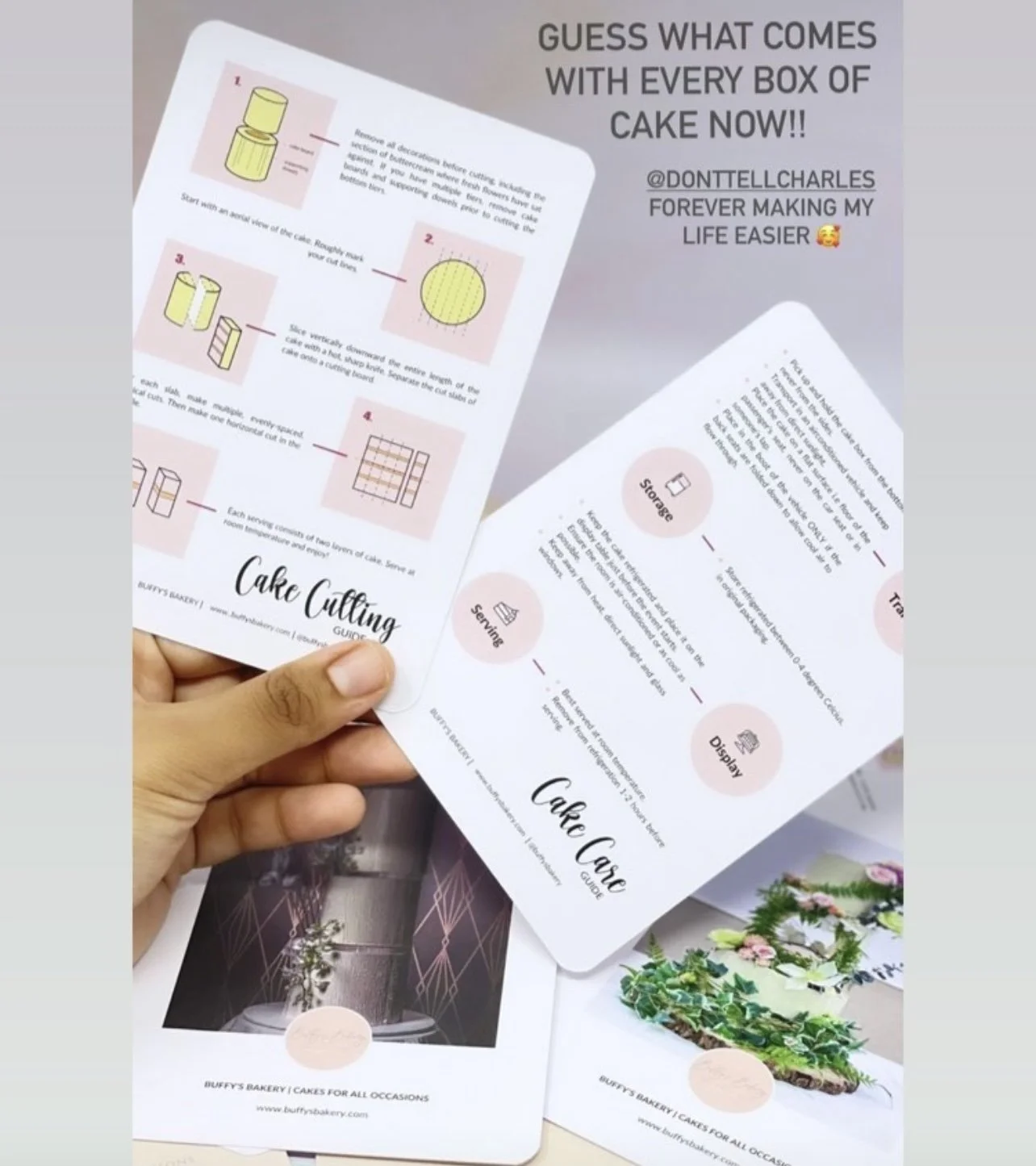 A person holding a cake cutting guide flyer with instructions and a photograph of a cake. The flyer features steps for cake cutting and includes icons for storage, serving, display, and transportation. The background shows additional similar flyers o