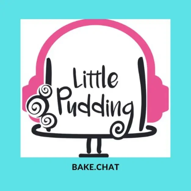 Logo with pink headphones, black stylized text reading 'Little Pudding', and the words 'BAKE.CHAT' at the bottom on a light blue background.