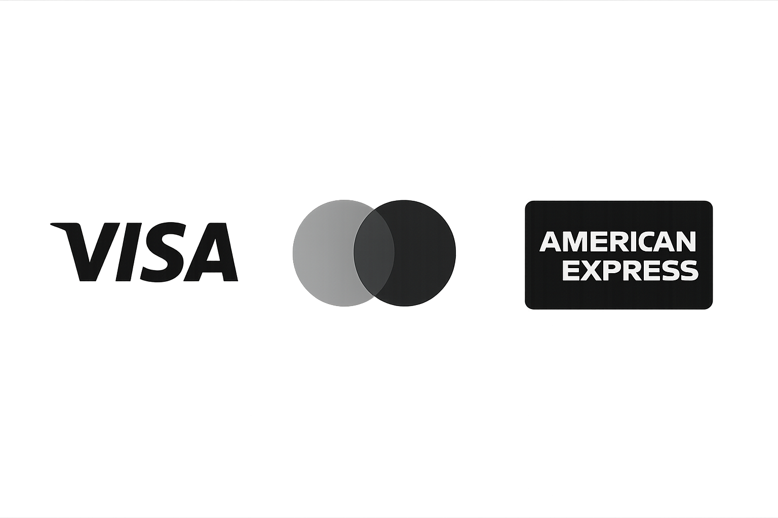 VISA and American Express credit cards with Mastercard logo in the center.