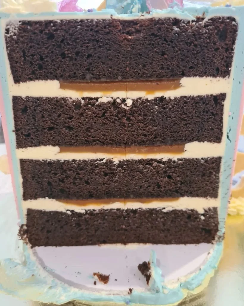 Cross-section of a three-layer chocolate cake with white filling between each layer, decorated with pastel-colored icing and sprinkles.