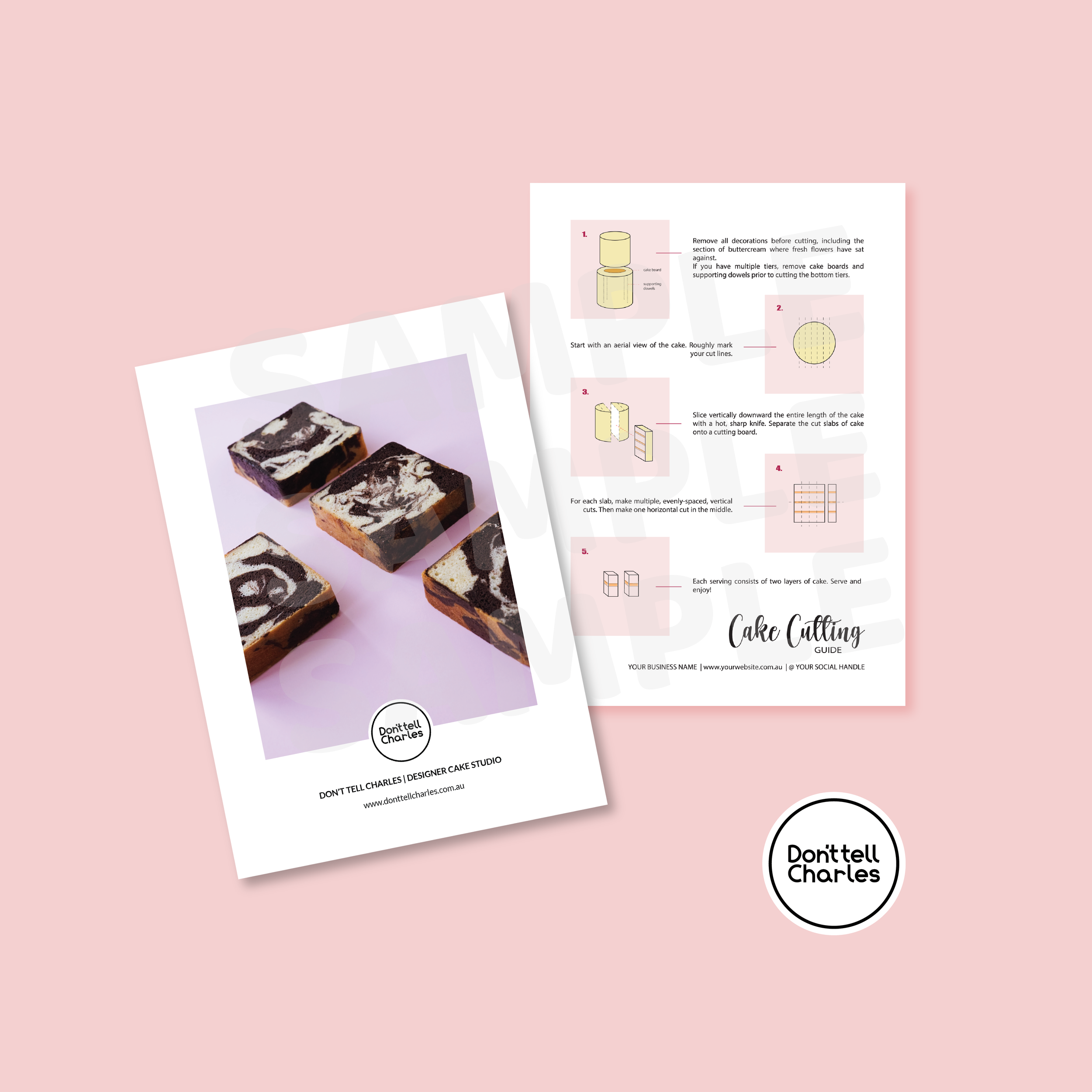 Brochure with marble cake design on front page and cake cutting instructions on the back, displayed on a pink background with Don’t tell Charles logo.