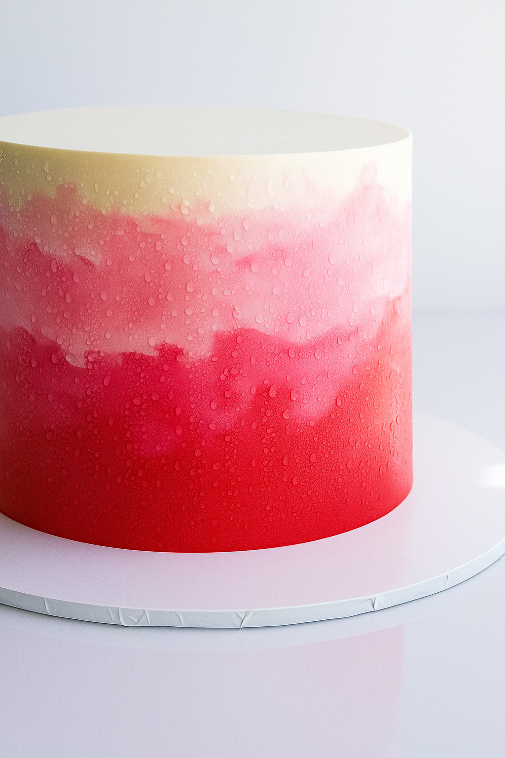 A rainbow-colored cake with smooth icing, decorated with water droplet effects.