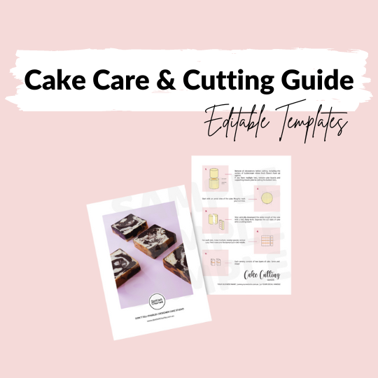 Cover of a cake care and cutting guide with editable templates, featuring images of chocolate cake slices and diagrams showing cake cutting techniques, set against a pink background.