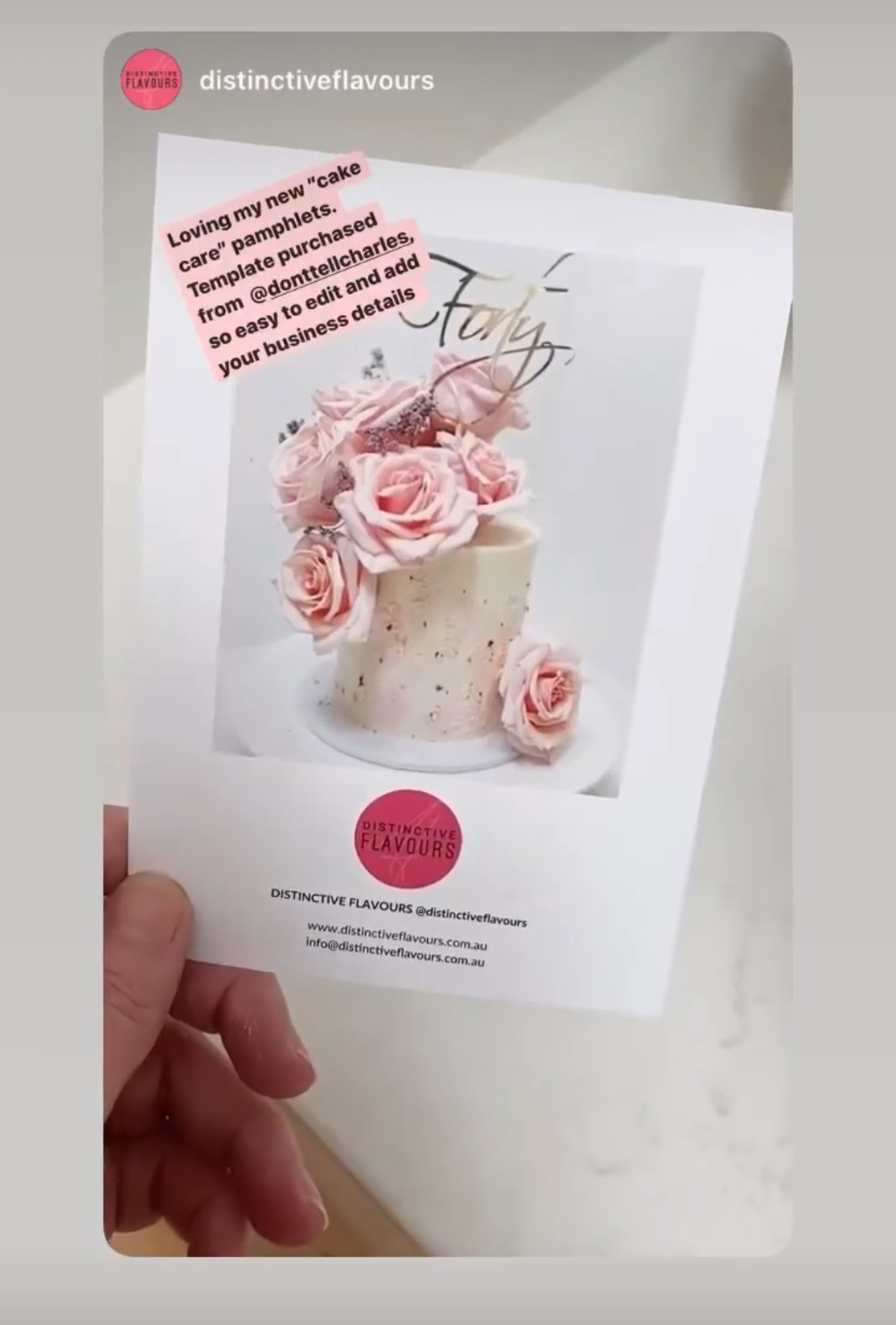 A promotional flyer for a cake, featuring a white cake decorated with pink roses and flowers, with the word 'party' written on a topper. A pink sticker highlights purchasing details from 'distinctiveflavours' and their website