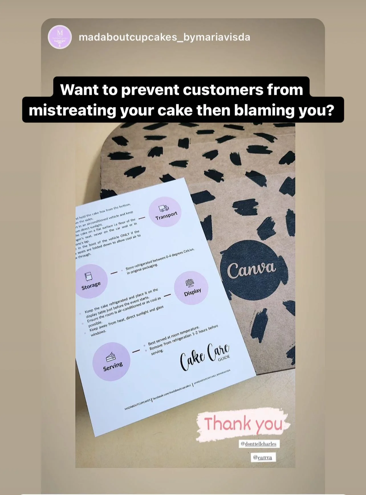 A printed cake care guide sheet on a table next to a cardboard box with the Canva logo and leopard print pattern. The guide includes instructions for transport, storage, display, and serving of cake. The image has a caption warning against customers 