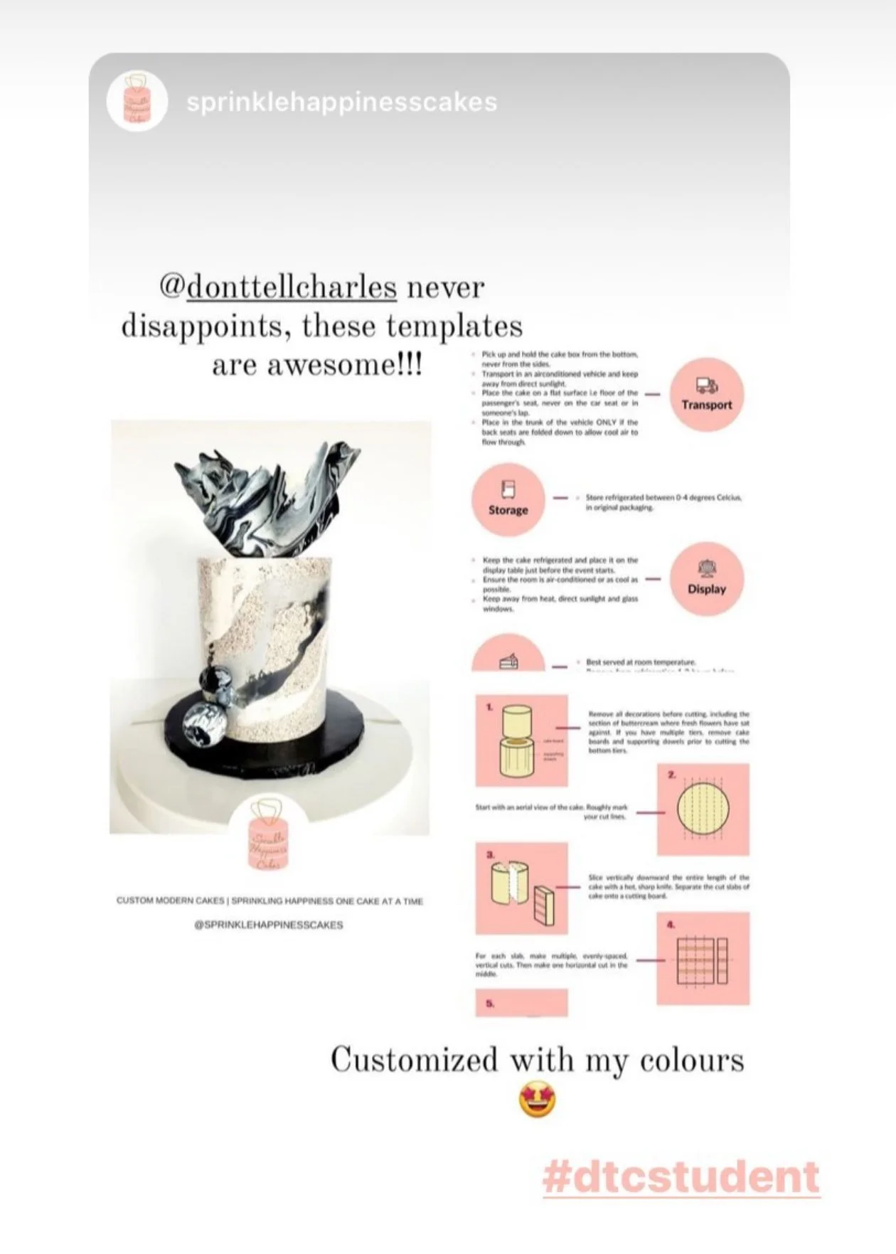 A tutorial for cake decorating templates, with step-by-step instructions and a photo of a decorated cake. The image emphasizes customizing with colors and includes social media handles and hashtags.