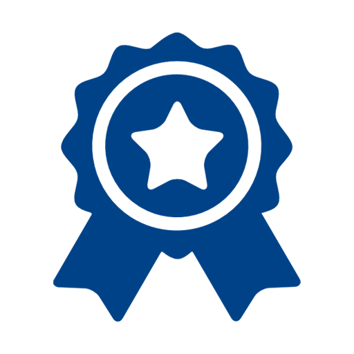 Icon of a badge or award ribbon with a star in the center, representing achievement or quality.
