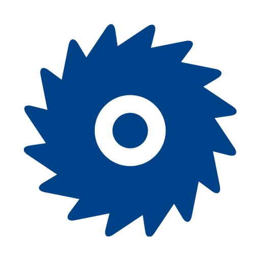 Blue circular saw blade with jagged edges on a white background.