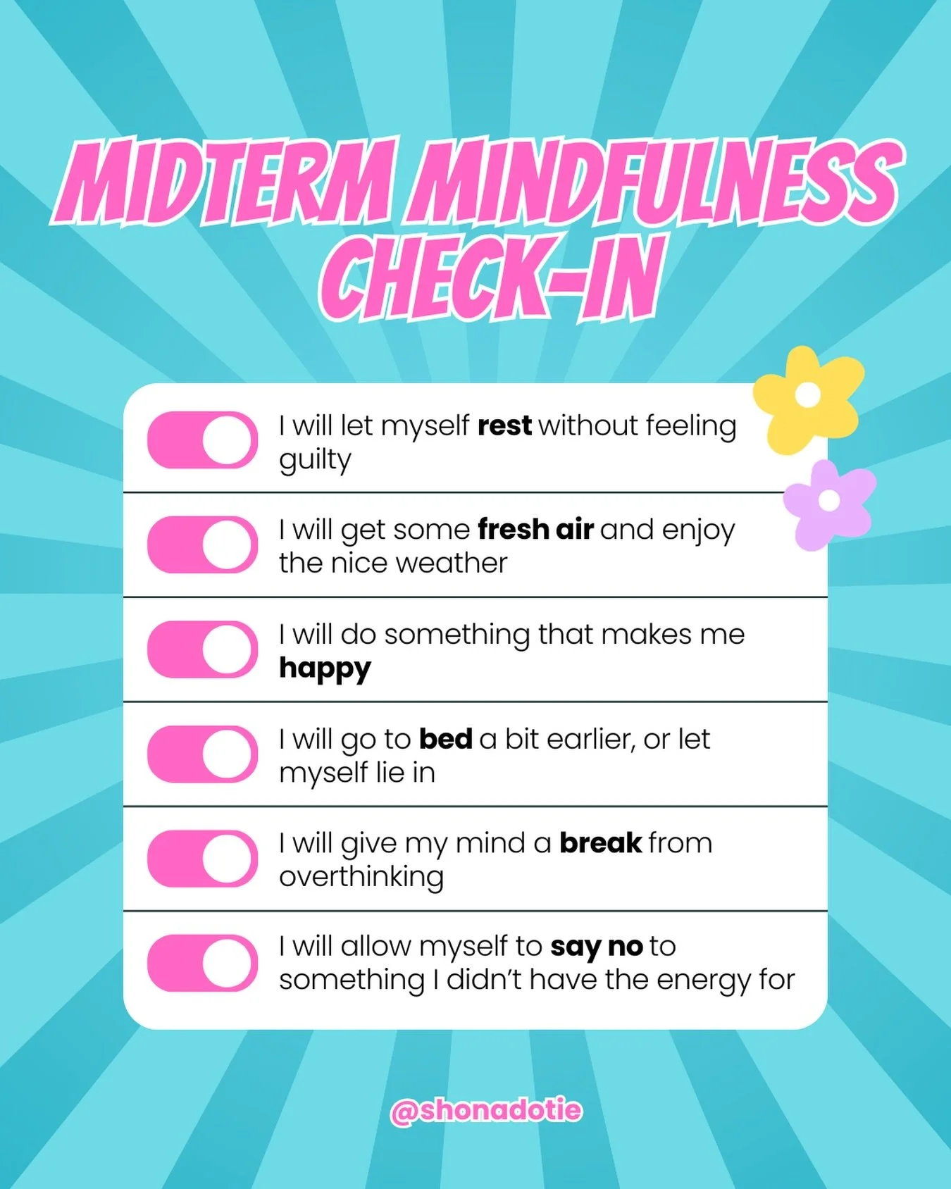 Just a reminder that you are allowed to take a break and recharge! Midterm is an opportunity for us to slow down a bit and enjoy the nice weather, put yourself in a position to finish strong 💛 

We&rsquo;d love to hear from you, let us know if you&r