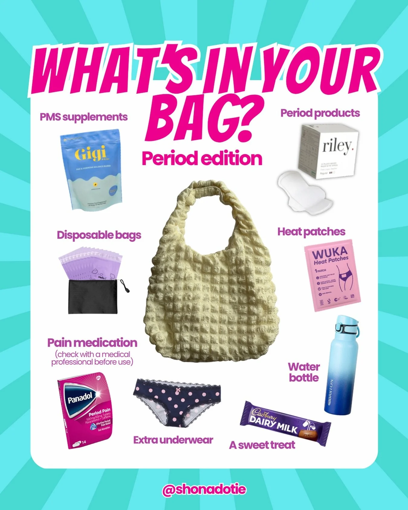 From the essentials to the little comfort things, yes, including chocolate, it&rsquo;s all about having what you need to get through your cycle💗 

Our team share what's in our bags when we're on our period.. What have we missed, what's in yours?✨