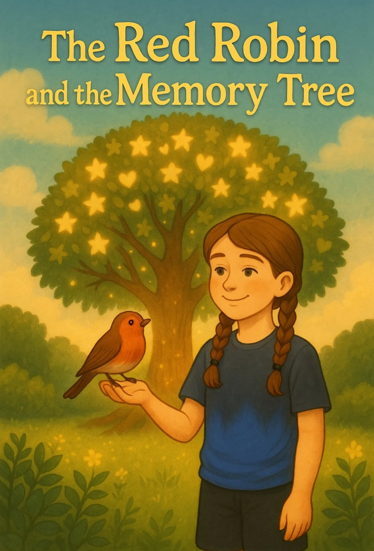 Cover of a children's book titled "The Red Robin and the Memory Tree," featuring a girl with brown braided hair holding a red robin bird on her hand, with a large tree in the background decorated with glowing stars and hearts, under a partly cloudy sky.