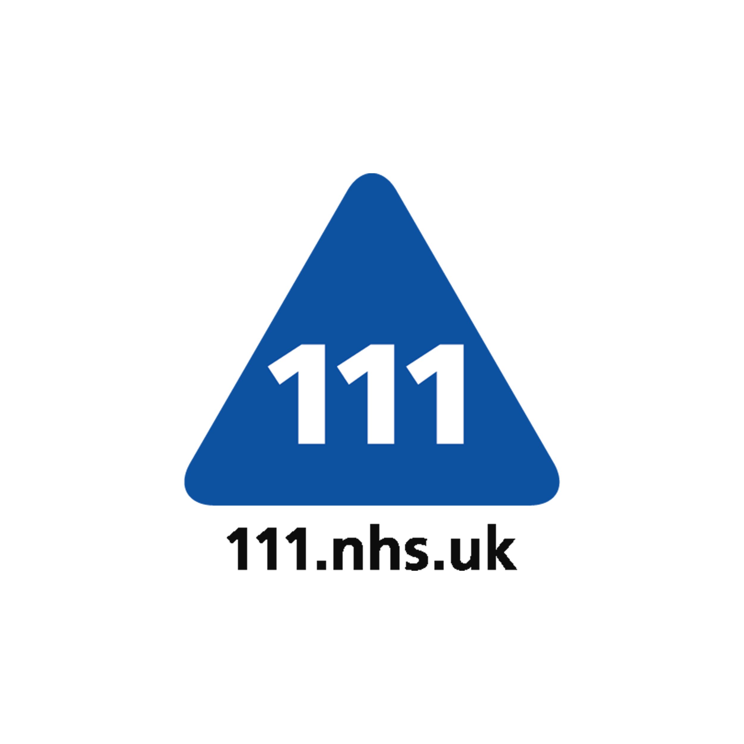 Blue triangular road sign with white number 111 and black text '111.nhs.uk' below.