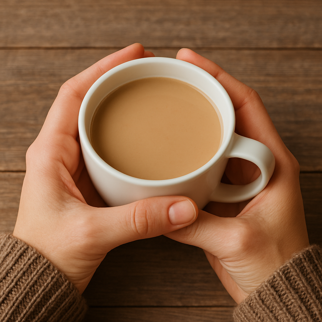 Two hands holding a white mug filled with beige coffee or tea on a wooden surface.