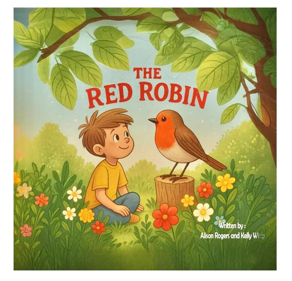 An illustration from a children's book titled "The Red Robin" shows a boy in a yellow shirt sitting on grass surrounded by colorful flowers, looking at a robin perched on a tree stump with green leafy branches overhead and a blue sky in the background.